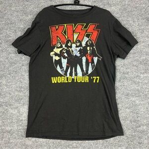 KISS World Tour '77 T-Shirt Black Band Graphic Tee Medium 100% Cotton